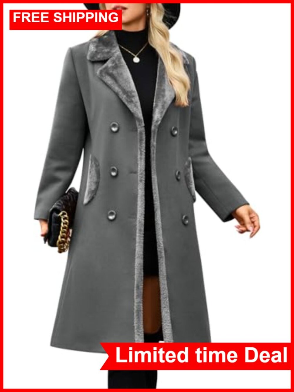 Women's Double Breasted Pea Coat Faux Fur Collar Mid-Calf Winter Coat